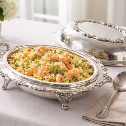 Poole Silver Co USA 1950s Silverplate Lancaster Rose Footed Covered Dish 13x9x4”