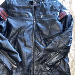 Bleu Grandeur BG Premium Faux Leather Jacket with Fur Lined, featuring red stripes on the arms. 