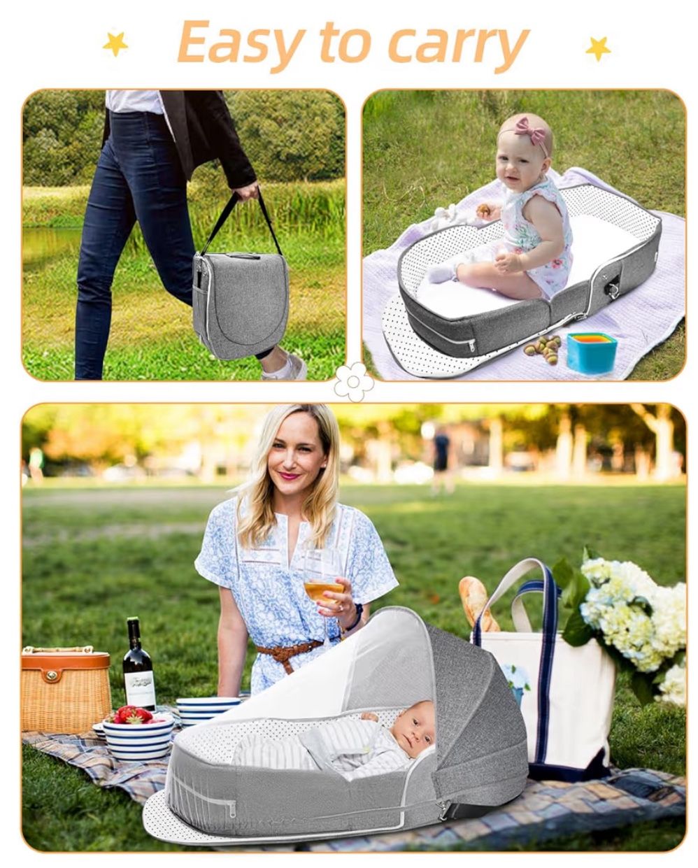 Baby Travel Bassinet Portable Bassinets: Foldable Lightweight Travel Pod Infant Bassinet with Mosquito and Canopy Outdoor Newborn Essentials