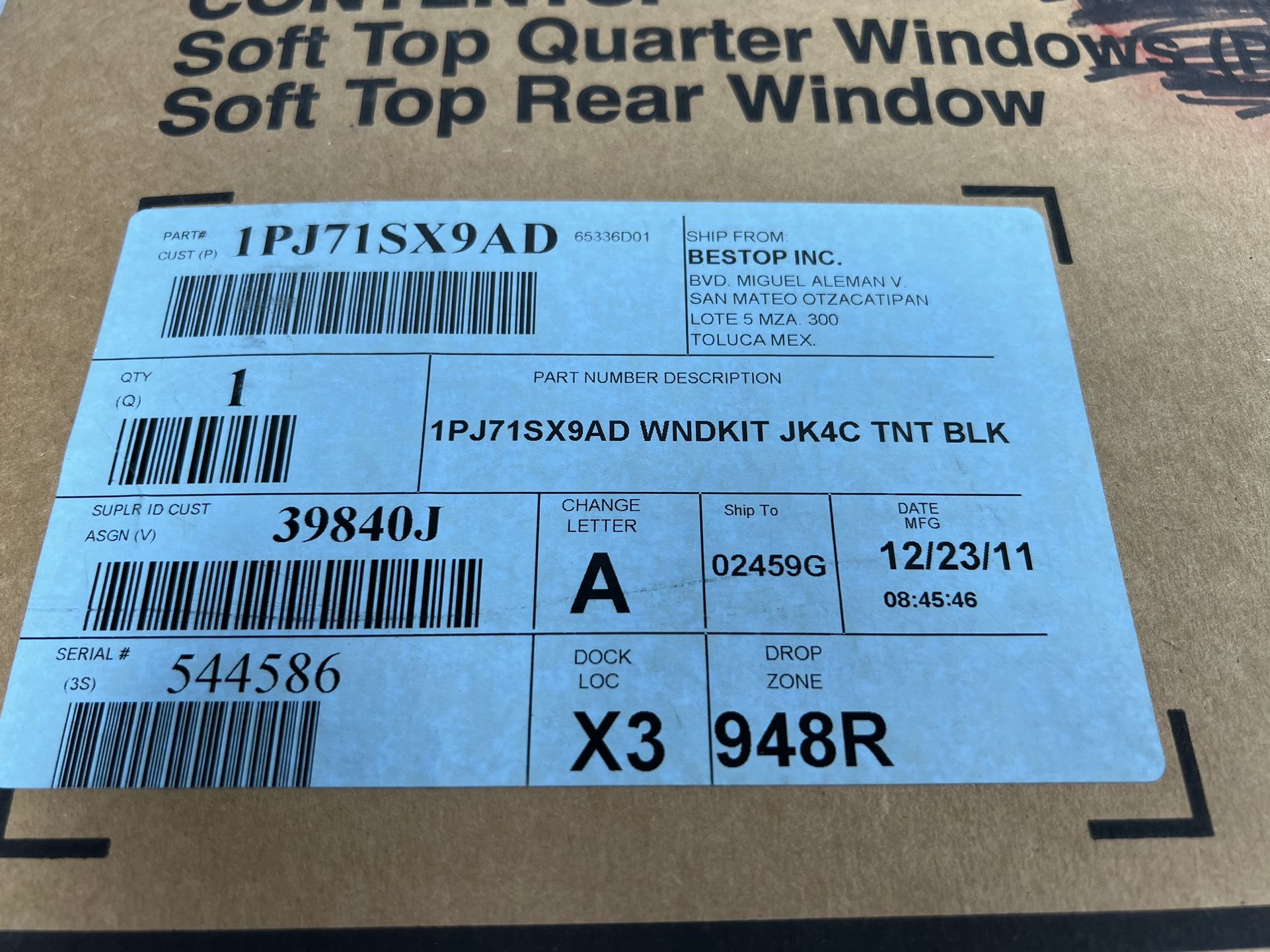 Jeep Soft Top Quarter Windows, SoftTop Rear Window, 1PJ71SX9AD Jk4c Blk 2011-2018. 4 Door