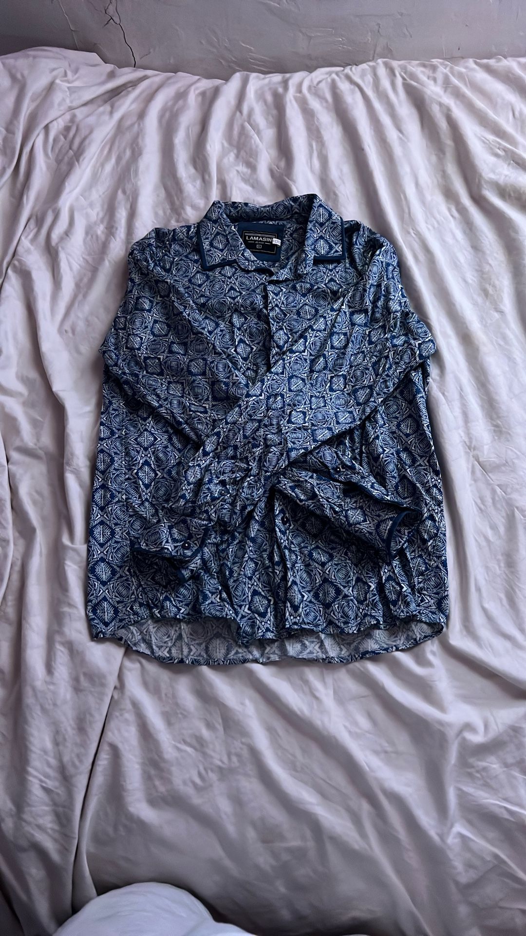 LAMASIN Jeans Button Up Blue Hawaiian Pattern Dress Shirt