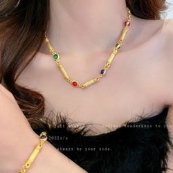 A Set Of 18k Gold Plated Retro Style Women's Necklace And Bracelet Giff