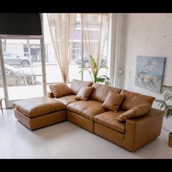120" 4 Piece Brown Leather Sectional Modular Couch with Ottoman