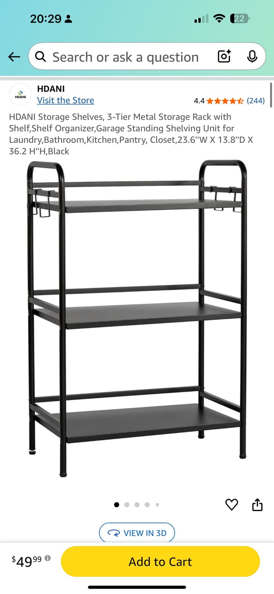 Storage Shelves, 3-Tier Metal Storage Rack with Shelf,Shelf Organizer,Garage Standing Shelving Unit for Laundry,Bathroom,Kitchen,Pantry, Closet,23.6''