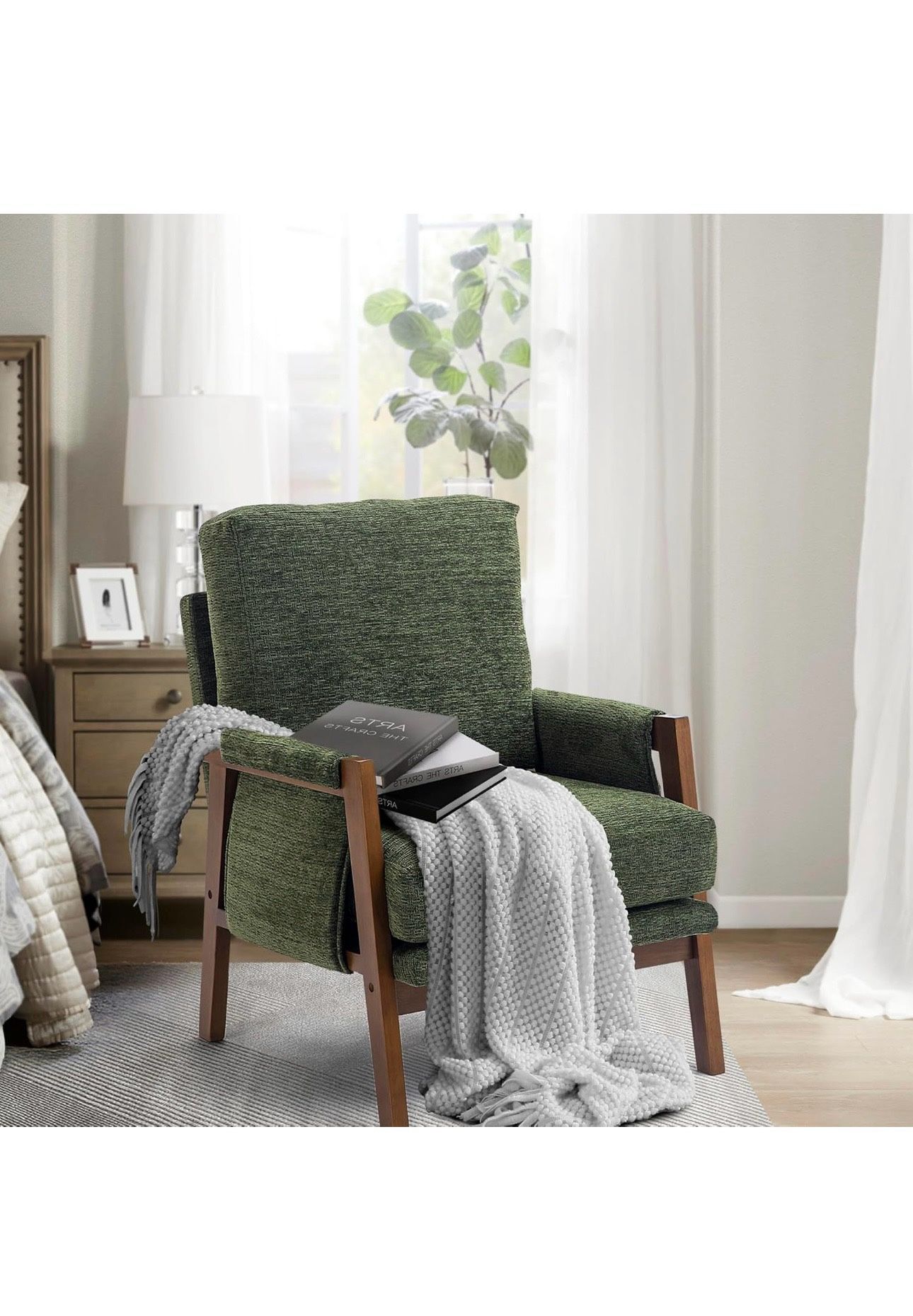 Modern Accent Chair for Living Room Mid Century Arm Chair Upholstered Bedroom Chair Comfy Lounge Chair with Solid Wood Frame, Green brand new in box $