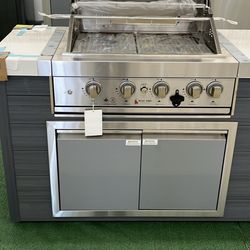 Mont Alpi 4-Burner Stainless Steel Art-Wood Natural Gas Island Grill W/ Refrigerator, Infrared Rear Burner & Rotisserie Kit