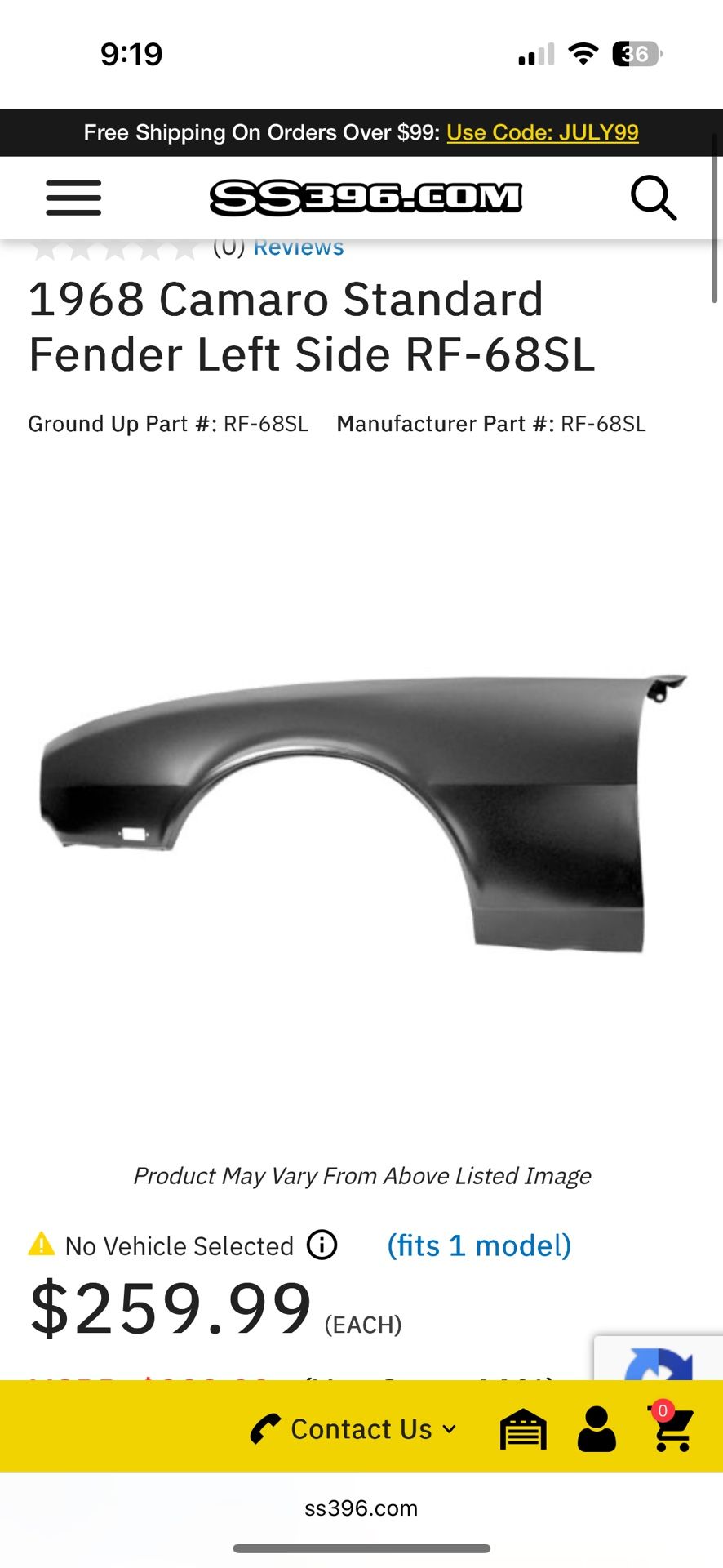 1969 Camero Rs. Fenders Brand New