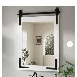 20 in. W x 28 in. H Rectangular Barn Door White Mirrors Wood Framed Mirror Farmhouse Bathroom Vanity Mirror