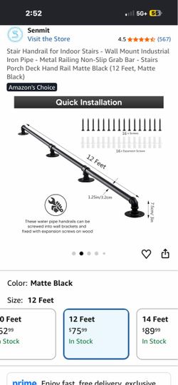 Stair Handrail for Indoor Stairs - Wall Mount Industrial Iron Pipe - Metal Railing Non-Slip Grab Bar - Stairs Porch Deck Hand Rail Matte Black (12 Fee
