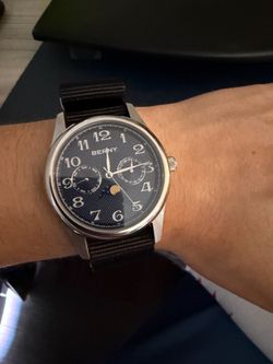 BERNY 2190M Moonphase Quartz Watch 38mm Black Dial + Box – Excellent Condition