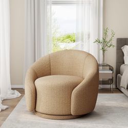 2532d $200 Swivel Barrel Accent Chair, Modern Reading Armchair, Light Brown 360° Small Round Sofa Chair, Comfy Boucle Club Chair, Solid Wood Frame &
