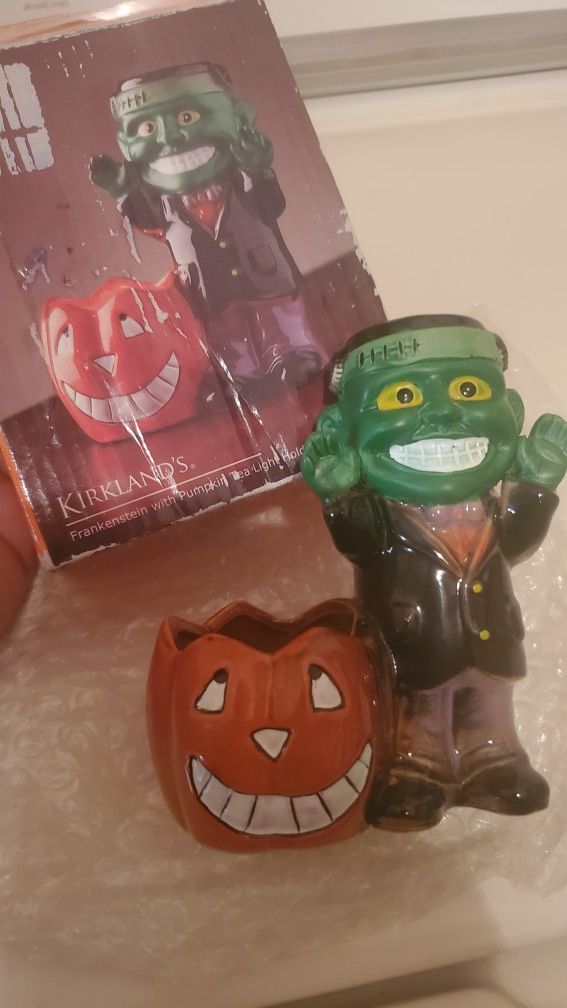kirklands Halloween Frankenstein with pumpkin tea candle holder vintage