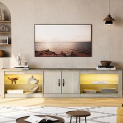 80 in. Light Grey TV Stand Fits TV's Up to 85 in. with Cabinet and Adjustable Glass Shelves