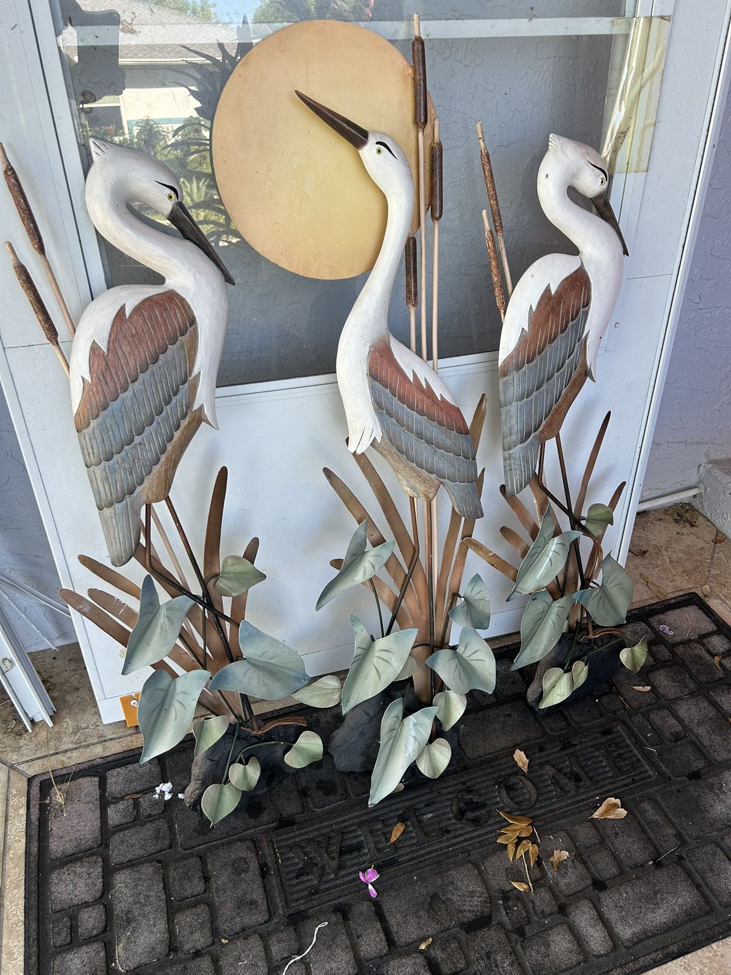 3 Vintage Herons Wall Art Tin Wooden Resin