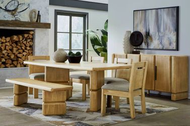 Modern 6pc  Contemporary Acacia wood Dining Set with double pedestal table
