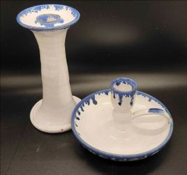 White Blue Ceramic Candle Holders Set