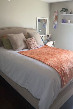 Queen bed frame and mattress, beige / cream