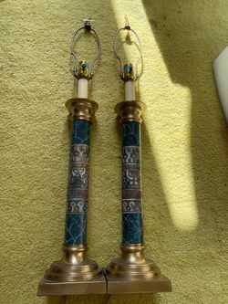 Vintage Mid-Century Brass & Faux-Marble Column Lamps – Pair