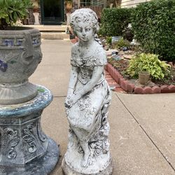 Vintage Statue Of Peasant Girl Sitting On Fence