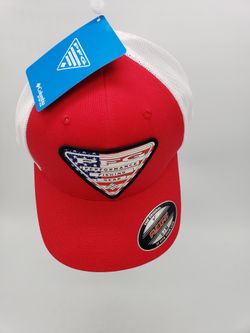 New-  Columbia PFG USA Stateside Fitted Flexfit Mesh Hat Cap Red S/M
