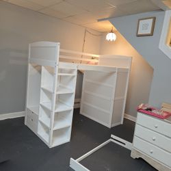 Twin - Wooden Loft Bed Frame with 2 Wardrobes, Desk, 4 Storage Drawers & Bookshelves