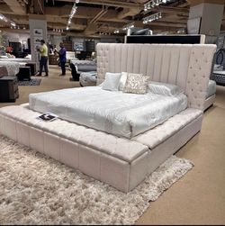 Beige King Bed Frame w/ Side Storage