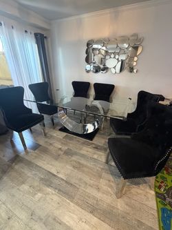 Glass Top Dining Table with 6 Black Velvet Chairs