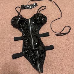 New Small medium black Vinal pu bodysuit lingerie goth gothic zipper