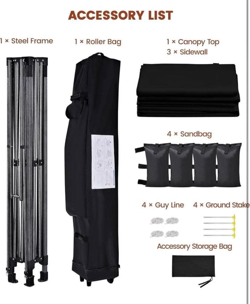 Pop Up 10x10Canopy Tent Heavy Duty with Awning, Sidewalls, Sand Bags and Rolling Bag.