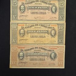 1915 Estado De Chihuahua. Extra Grandes 5, 10, Y 20 Pesos