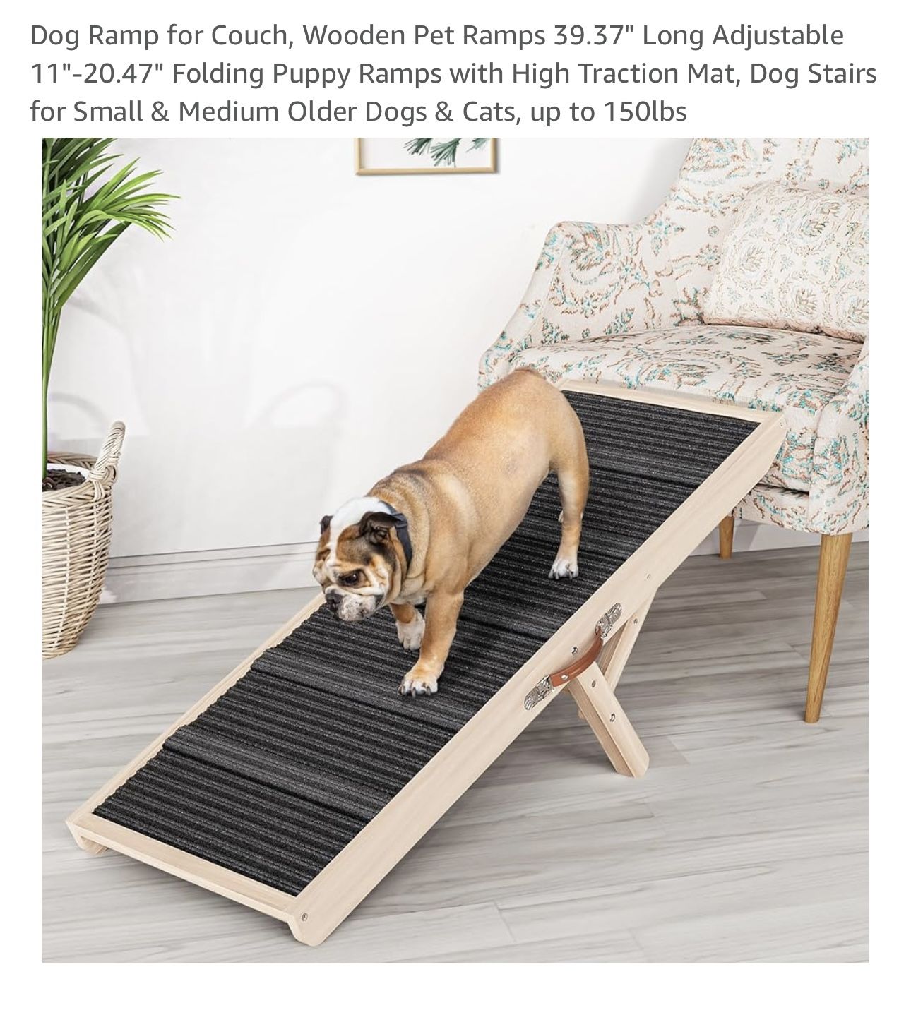 Chuiendi Dog Ramp for Couch, Wooden Pet Ramps 39.37" Long Adjustable 11"-20.47" Folding Puppy Ramps with High Traction Mat, Dog Stairs for Small & Med