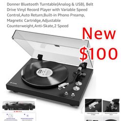 New Donner Bluetooth Turntable(Analog & USB), Belt Drive Vinyl Record Player with Variable Speed Control,Auto Return,Built-in Phono Preamp, Magnetic C