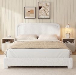 King Size Boucle Bed Frame, Soft Cloud Bed Frame, Upholstered Bed Frame with Headboard, Modern Cream Bed Frame, Soft Rounded Corners, No Box Spring Re