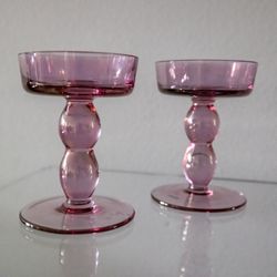 Set of 2 Pink Polish Crystal Pillar Holders Cupcake Stand Poland Glass