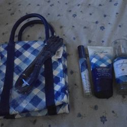 Bath and Body Works Gingham crossbody bag with lotion, spray, and mist