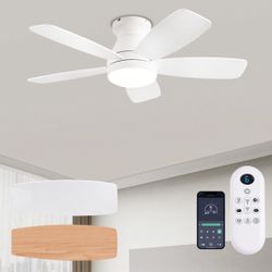 42” Low Profile Ceiling Fan w/ Light, Remote/App, Dimmable, White, Indoor/Outdoor
