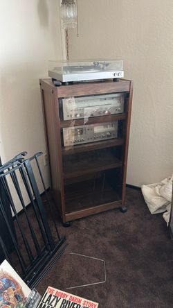 Stereo cabinet and record player,  timer and cassette deck,