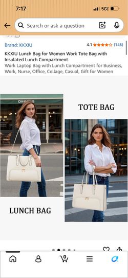 KKXIU Women's Work Large Sleek Tote Bag with Lunch Compartment