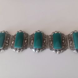 Mexico Sterling Silver Panel Bracelet With Green Cabachons