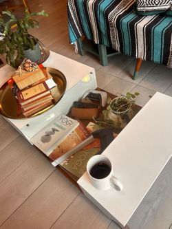 Stunning Mid-Century Modern Coffee Table with Wood Base, Side Storage Cabinet & Glass Top