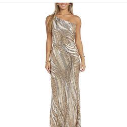 One Shoulder Swirl Sequin Patterned Gown