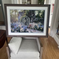 Wooden Ornate Framed Print of home and walkway, 39.5 w, 29.5 hi, $20