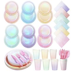Iridescent Pastel Plates and Napkins Serve 50, Pastel Rainbow Holographic Birthday Party Plates Supplies
