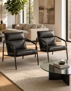 Set of 2 Accent Chair, Metal Framed Armchair, Synthetic Leather with Stitching, Mid-Century Modern, Sling Chair for Living, Bedroom, Reading Room, Lou