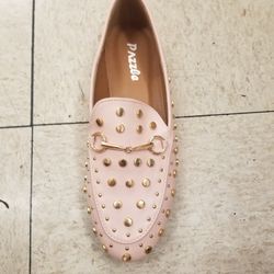 Pink Studded Loafers with Gold Embellishments