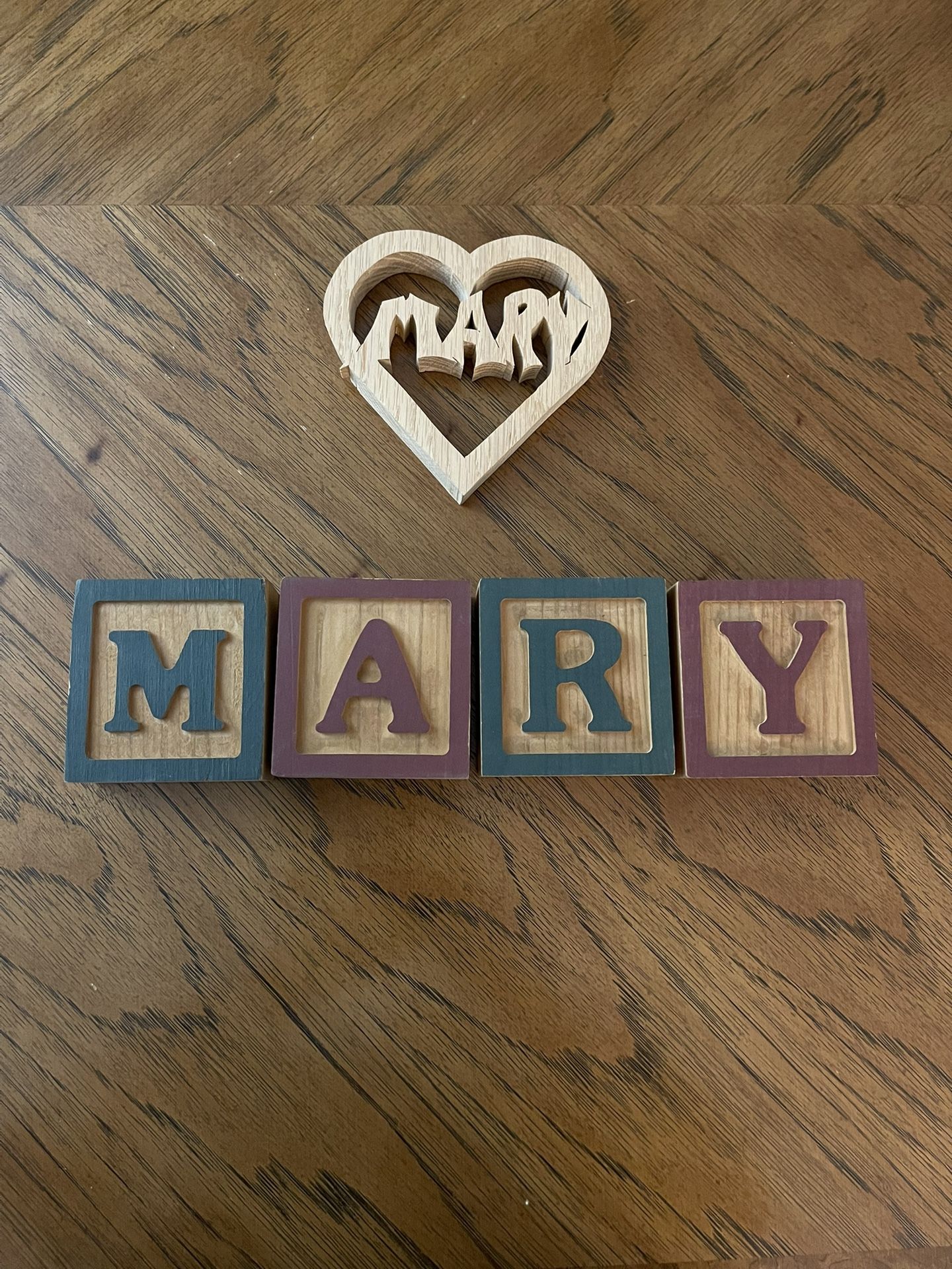 M-A-R-Y Wooden Blocks and a Wooden Mary Name in a Heart Decorative Piece