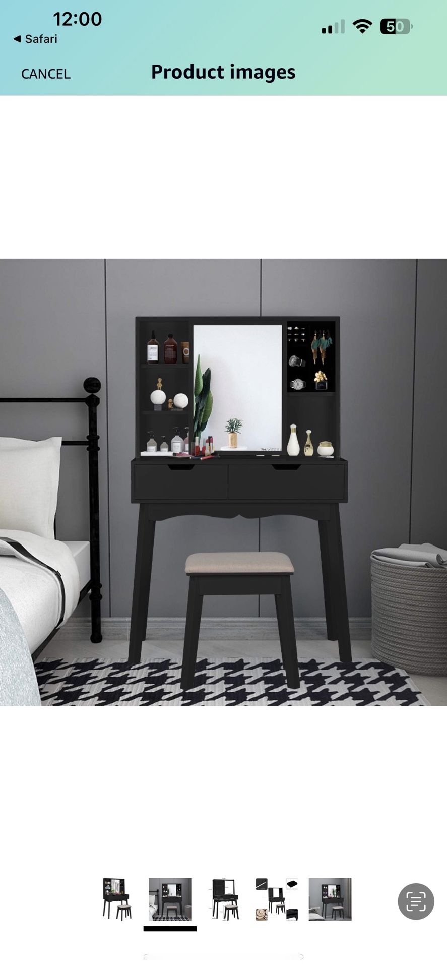 Black Vanity Table Set With Movable Mirror & Chair