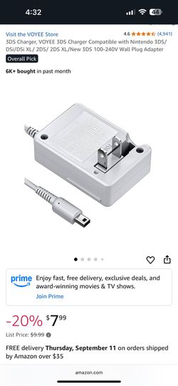 Nintendo 3DS Charger, 3DS Charger Compatible with Nintendo 3DS/ DSi/DSi XL/ 2DS/ 2DS XL/New 3DS. Can plug into 100-240V Wall Outlet. Plug Adapter is u