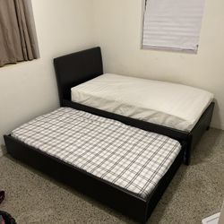 Brown faux Leather Trundle Bed Twin Includes Two Newer Mattress