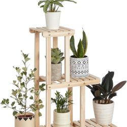 SONGMICS Plant Stand, Small Solid Wood Plant Holder Rack with 6 Spots for Flower Pots, 3-Tier Indoor Plant Shelf, for Small Spaces, Living Room, Balco